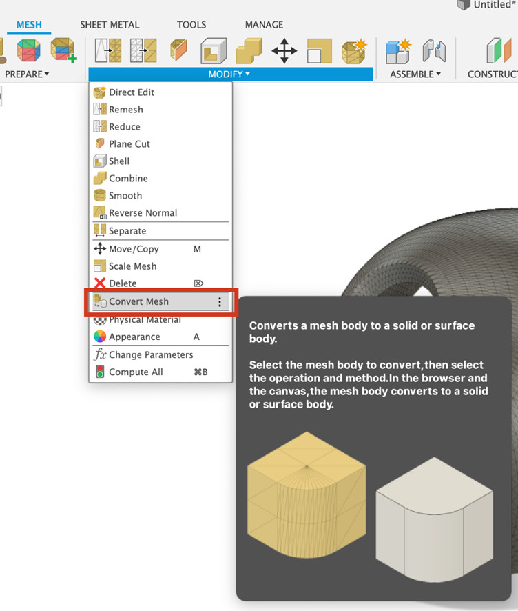 Cách chuyển đổi Mesh File (STL hoặc OBJ) thành Solid hoặc Surface trong Autodesk Fusion.